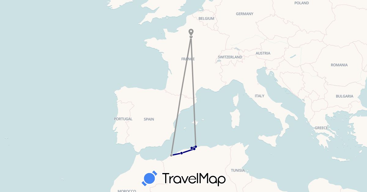 TravelMap itinerary: driving, plane in Algeria, France (Africa, Europe)